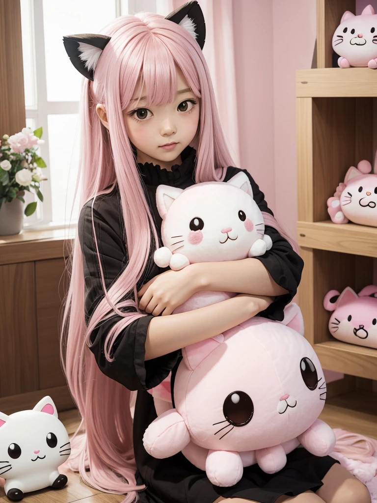 Make a girl with long pink hair holding a chococat from sanrio plushie