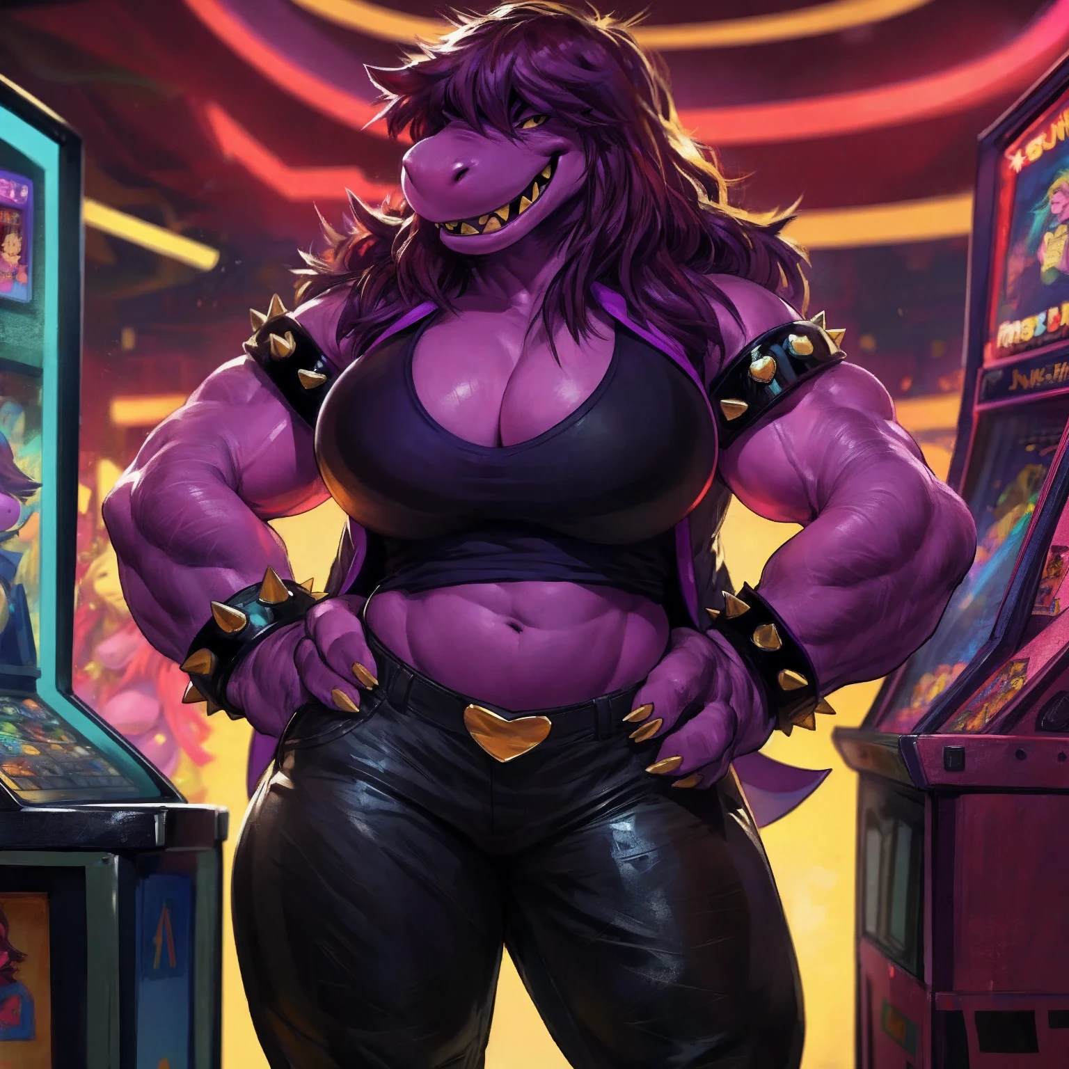 solo, 1girl, susie, susie deltarune, hands on hips, huge breasts, cleavage, bare midriff, standing upright, laughing, looking at viewer, arcade, game machines, full body, by darkgem, 