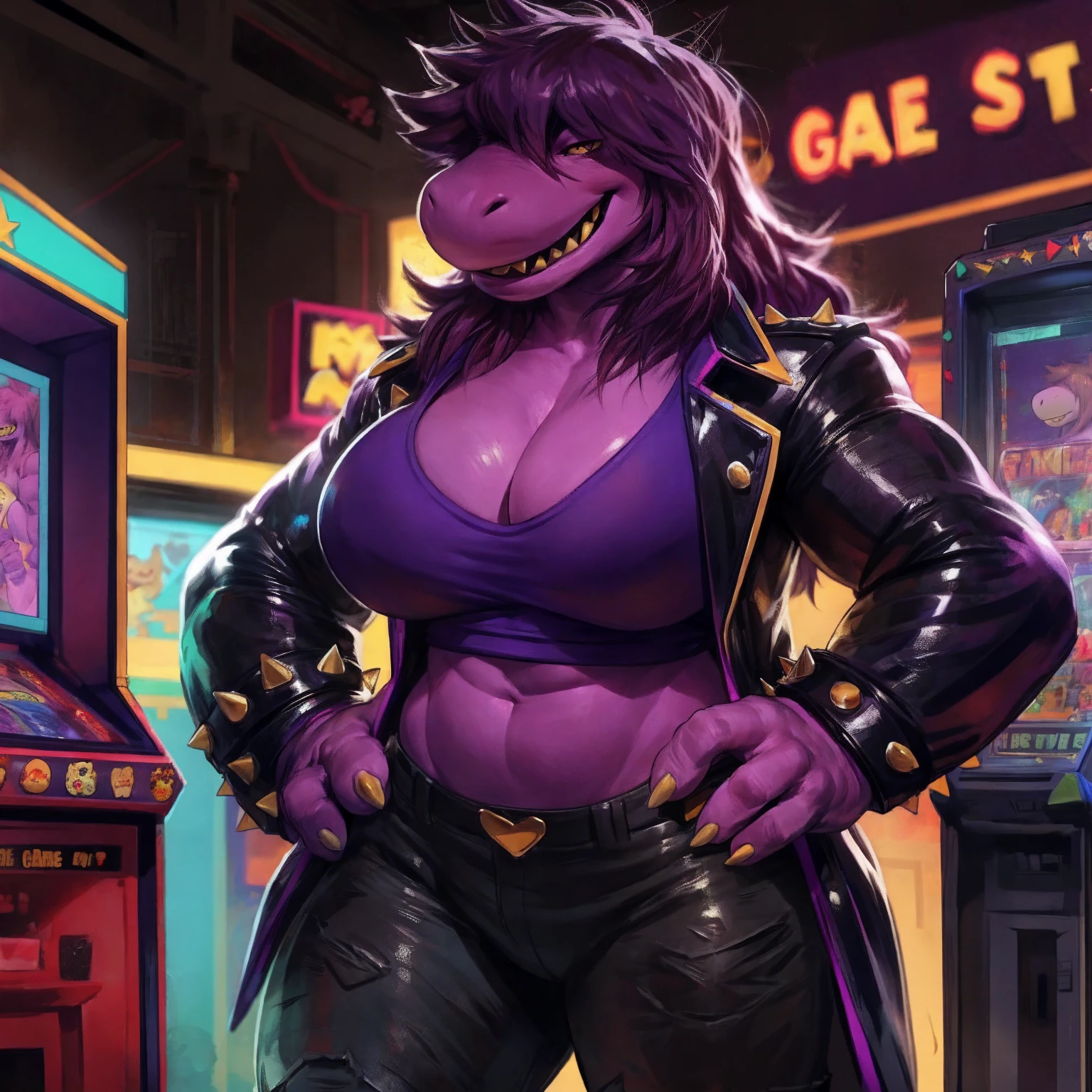 solo, 1girl, susie, susie deltarune, hands on hips, huge breasts, cleavage, bare midriff, standing upright, laughing, looking at viewer, arcade, game machines, full body, by darkgem, 