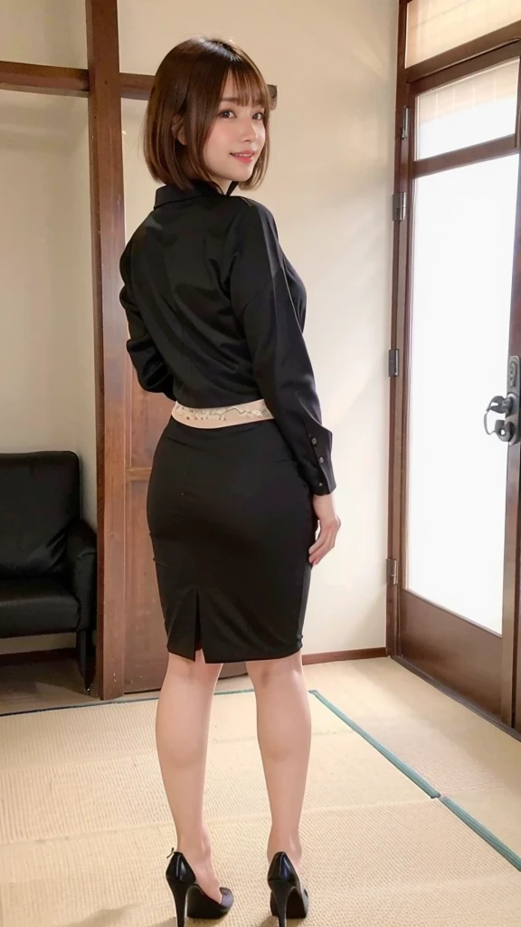 ((traditional Japanese room、On tatami mats))、A smile、(realisitic、Photorealsitic:1.37)、(​masterpiece)、(top-quality:1.4)、(超A high resolution:1.2)、(Raw photography:1.2)、(foco nítido:1.3)、(Squat:1.2)、elegent、(full body Esbian:1.2)、(One girl in a detailed pencil skirt and black suit jacket and white shirt:1.3)、(OL)、professionattire、high-heels、(24 year old:1.1)、(ssmile:1.3)、(Shine Hair:1.3)、 brown haired、bob cuts、 Short pencil skirt
(Colossal tits:1.2)、(Bright daytime indoors:1.2), Photograph the back view、beautiful finely detailed eyes、 see the beholder,、(cute little)、emphasis on the buttocks