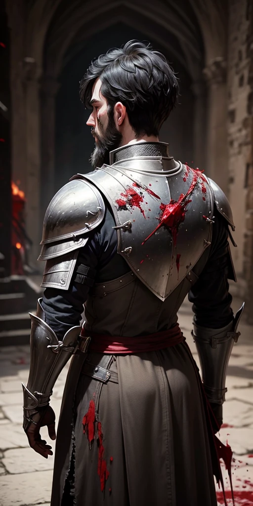 Knight with short black hair and beard Covered in blood and armor damaged, photo from behind