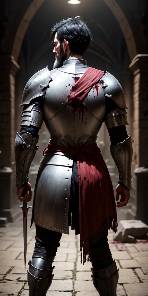 Knight with short black hair and beard Covered in blood and armor damaged, photo from behind