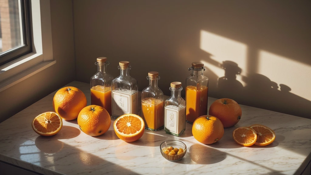 A few oranges and mandarins on the table, surrounded by two glass bottles of orange juice, on a beige stone countertop with sunlight and shadows from the window in a top view product photography style with warm colors, high resolution, high detail, and high quality captured with a Canon EOS camera and 50mm lens at f/2.8 aperture.