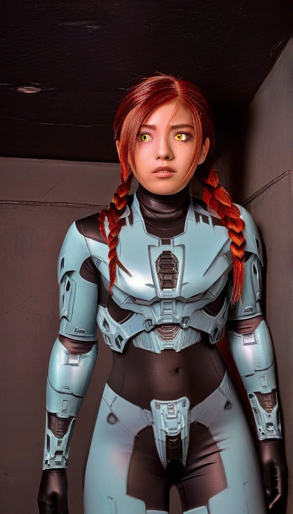 1 Girl、((glowing eyes, red eyes)), Medium Bust、solo、red Hair、Braid、Mobile Race Suit、Shoulder Armor、ceiling、Wide Shot、Looking Ahead、zipup suit 、Closed Mouth、Highest quality、medium quality、22 years old、Mobile Trace System、cockpit、Asian、CyborgCosplay