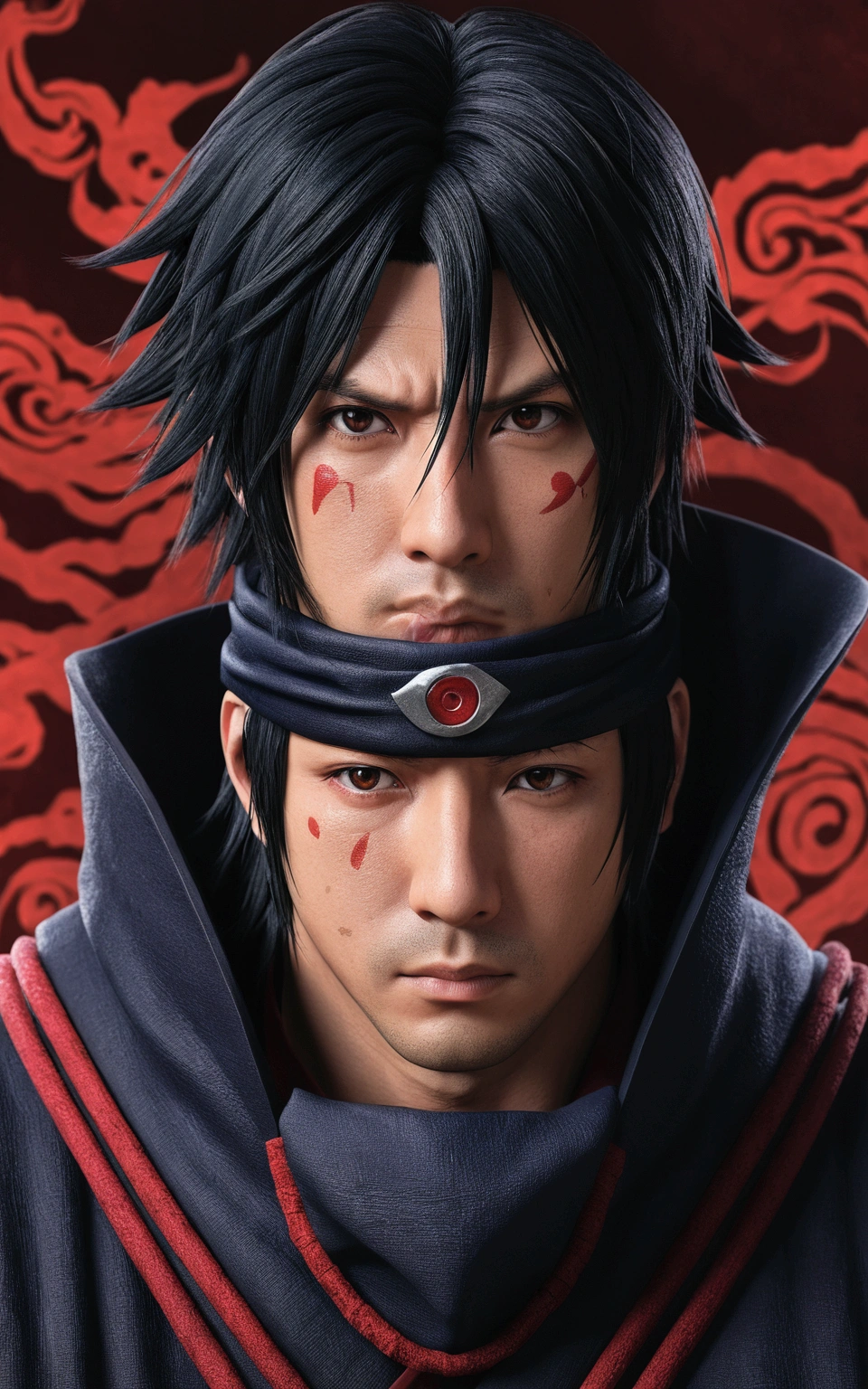 sasuke uchiha, akatsuki cover, akatsuki, sharinggan, inspired by Kanō Hōgai. Extremely detailed, Extremely realistic, UHD, 8K, RAW, best photography, best scene,