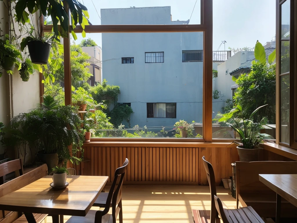 The scene is of a window seat in a café with soft afternoon sunlight shining in. On a wooden table is a cup of coffee and an open book. Houseplants sway in the background, and the blue sky and lush greenery of the cityscape spread outside the window. Silhouettes relax and enjoy reading while soothing jazz and bossa nova music plays in the background. The warm tones and soft light create a relaxing atmosphere.