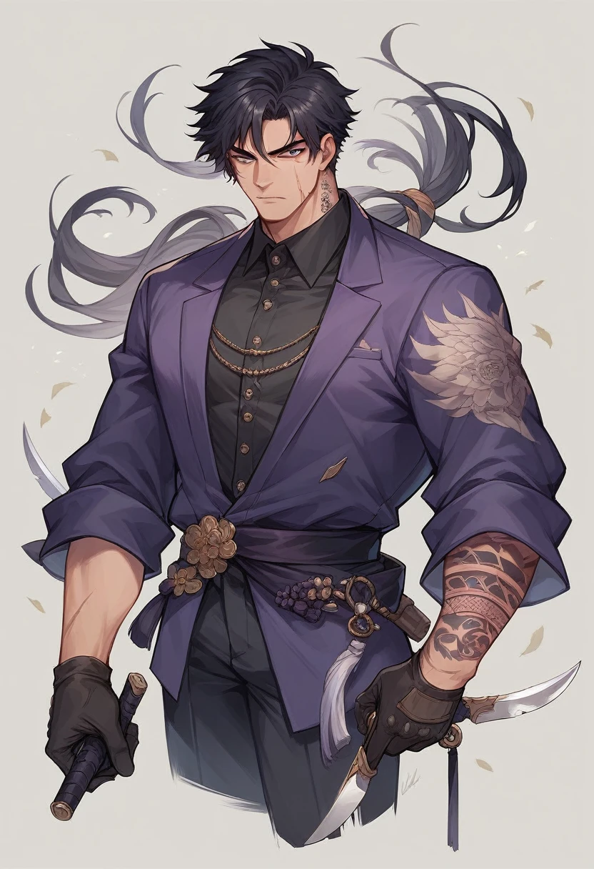 man, Thai and Japanese nature, one meter and six inches tall, semi-long black hair, eyes, black pupils, full of scars from knives and gunshots, and some tattoos, very formal black and purple clothing, and his hands, extremely realistic tactical gloves