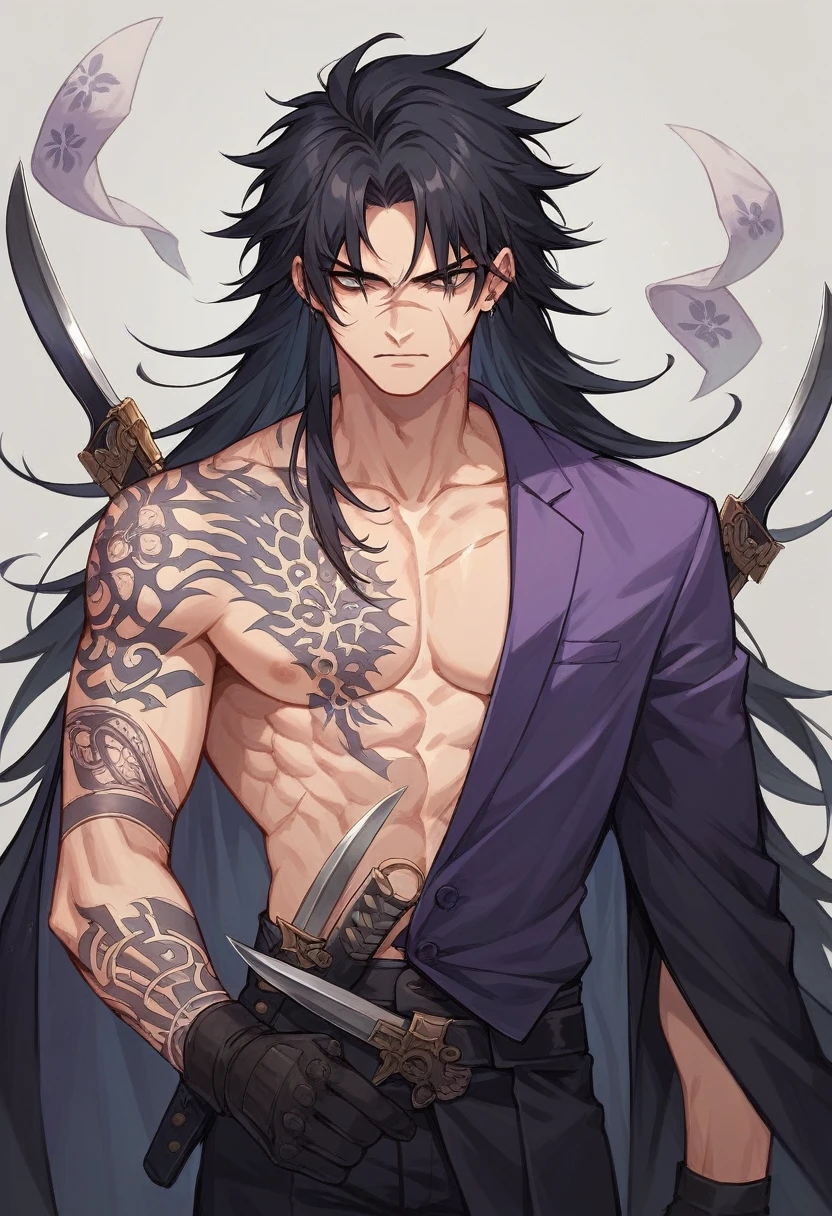 man, Thai and Japanese nature, one meter and six inches tall, semi-long black hair, eyes, black pupils, full of scars from knives and gunshots, and some tattoos, very formal black and purple clothing, and his hands, extremely realistic tactical gloves
