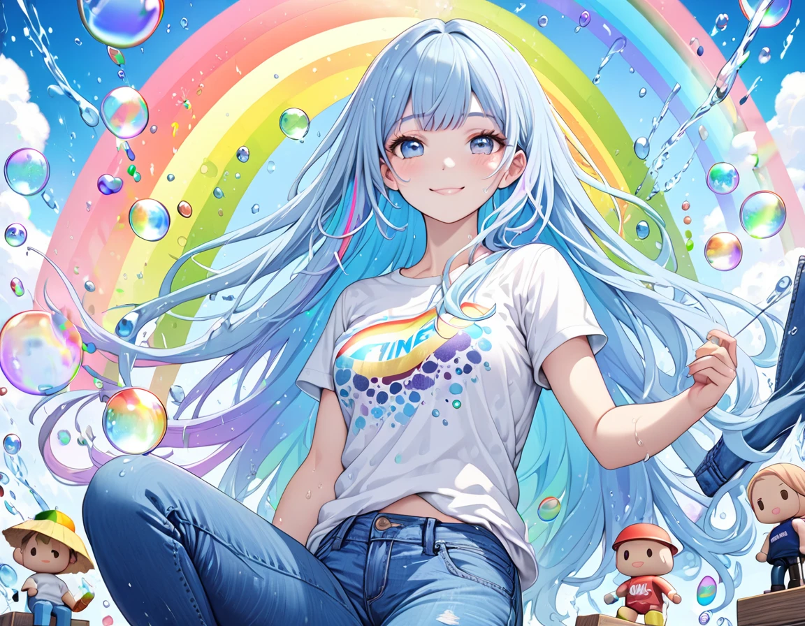  (Highest quality), (Super detailed),(Light blue long hair),(figure), (One girl), Beautiful fine details,Delicate and beautiful face,smile、A big rainbow in the blue sky after the rain、Colorful rainbow bubbles、Jeans on a t-shirt、floating,(High saturation),(Colorful splashes),