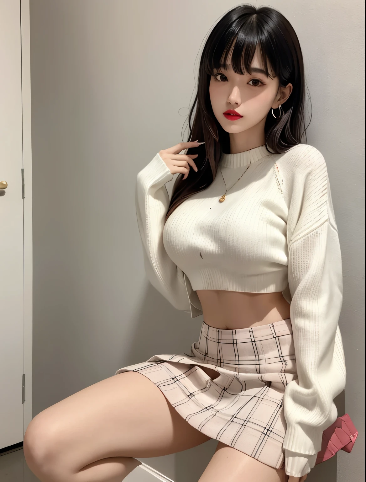 woman, streaked hair, soft eyes, lipstick, white sweater, midriff white plaid skirt, bangs, full body