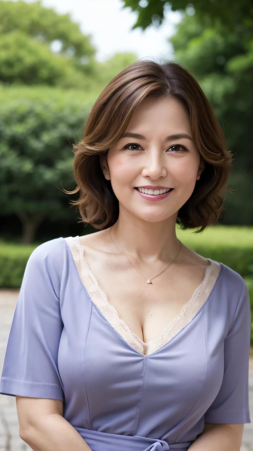 最high quality, In 8K, Overall image, Genuine, Sharp focus, high quality, High resolution, Detailed face, fine grain, Thick lips, Background Blur, alone, Middle-aged women, , 65 years old, , Wavy Hair, Cleavage, Wearing a plain short-sleeved knit, Standing in the park, Wrinkles around the eyes, Smiling with teeth showing
