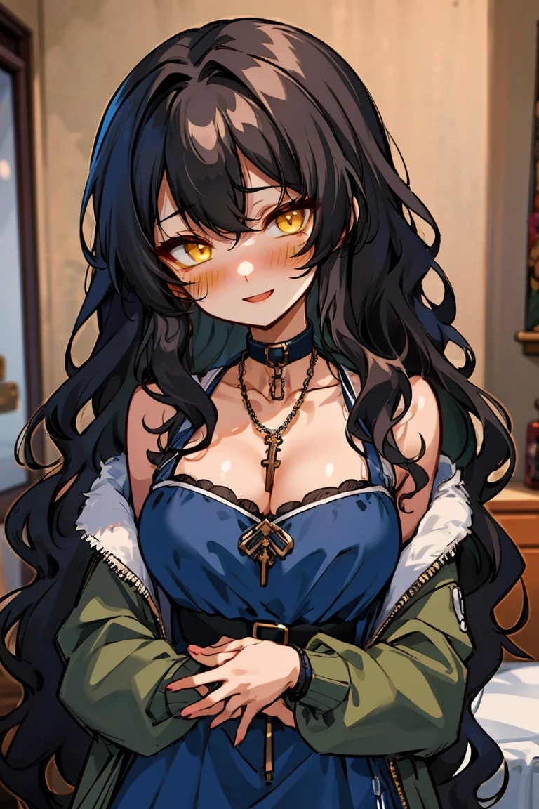 (masterpiece:1.2), (high quality:1.2), (hui xiyi:0.7), rekkyo sensen, rekkyou sensen, girls with((1girl, solo, black hair, yellow eyes, short eyebrow, (wavy long hair, one side up:1.55), blush, breasts, choker, cleavage, coat, cowboy shot, blue rose dress, navy dress, ribbon waist belt, collar, collarbone, rosary, rosary choker, cross, fur, khaki hoodie, green hoodie, hood down, hooded coat, hooded jacket, hoodie, jacket, large breasts, long hair, long sleeves, medium breasts, open clothes, open coat,open hoodie, sleeveless, winter clothes, zipper, cleavage, upper body, (holding:1.3), holding in dress)), background with((bedroom, room:2.0))