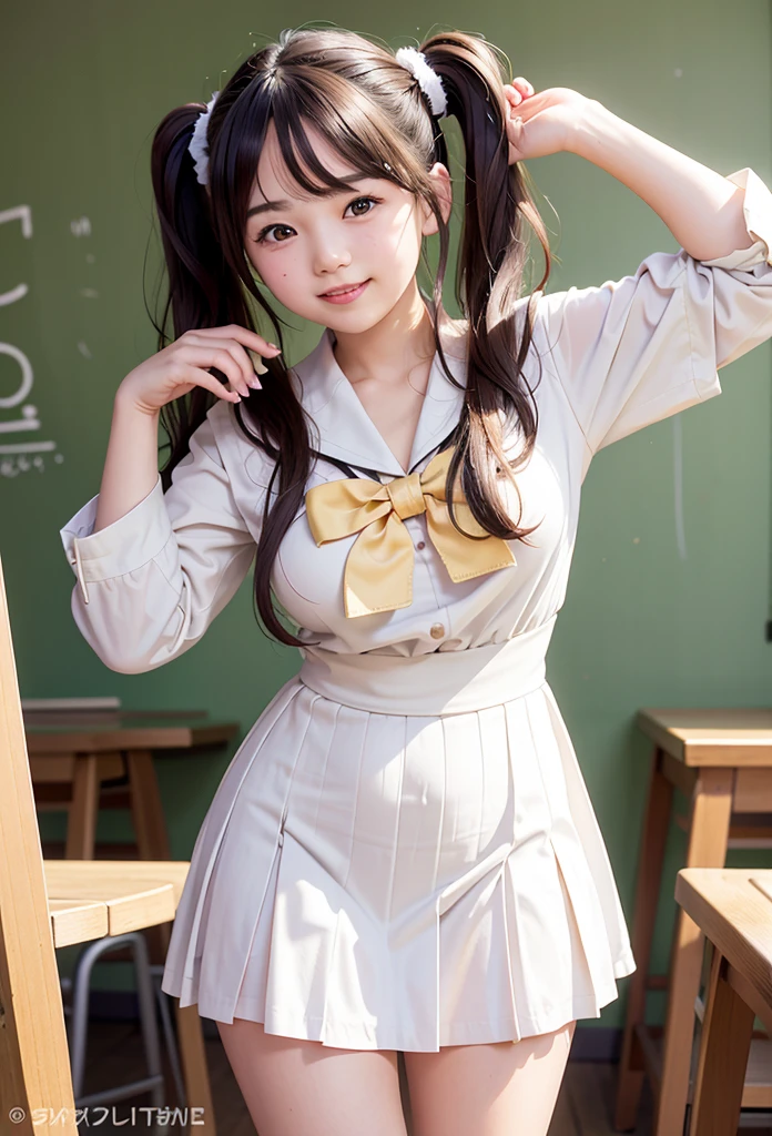(Highest quality,masterpiece:1.3,Ultra-high resolution),(Very detailed、Caustics) (Real:1.4、RAW shooting、)超Realキャプチャー、Very detailed、Natural skin texture、masterpiece、(Junior high school sailor uniform:1.3)、Short-sleeved sailor uniform、1 Japan girl、Adorable expression、Happy expression、14 years old、Young face、Amazingly cute、Twin tails、Curly Hair、Black Hair、Scrunchie、Thinning、Medium breast、Bare wrist、This photo was taken in the middle of a school classroom...、Shiny thighs、Shoot from the side、With a smile、With an inviting gaze、The exact number of fingers on each hand、Cowboy Shot、