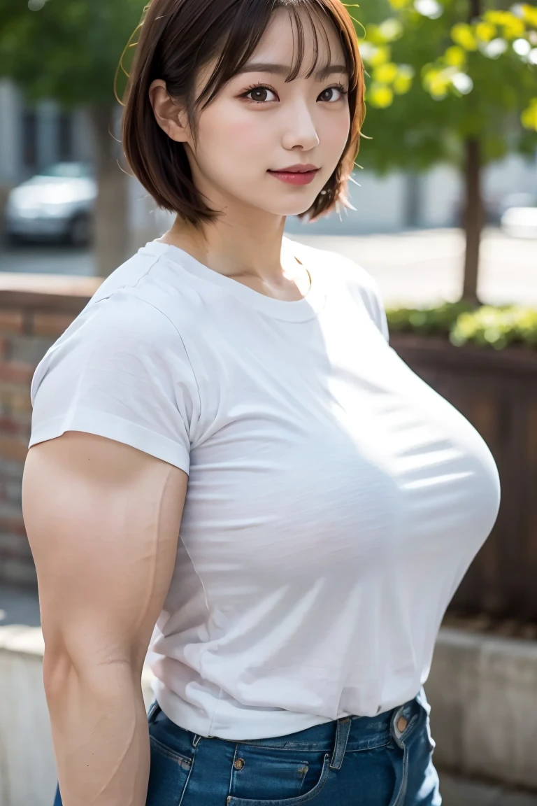 (Best quality,masterpiece,ultra detailed,8K,RAW photo,realistic,high resolution:1.2),(Pretty Japanese girl),(Super huge tits:1.4),(light brown hair),(white t-shirt,jeans:1.4),(muscular:1.6),(shoulder length),(light smile),(huge arms:1.5)