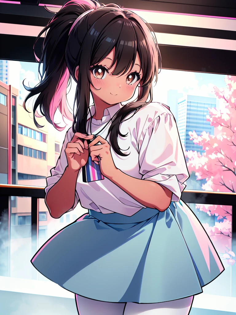 (cowboy shot), colorful, (ultra-high resolution, depth of field:1.2), 1woman, medium breasts, (tan skin:1.4), (brown eyes), (long straight black hair), ponytail, bangs, white, (white casual shirt:1.4), light blue necklace, (pink skirt:1.1), (light blue stripes), (black pantyhose), gentle smile, urban scenery