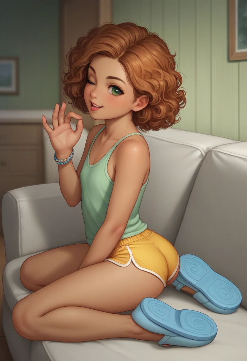 rustic, childish, chibi, girly, tanned, young girl, curly orange hair, green eyes, sexy wink, flat chest, small ass, bracelet, short pink tank top, yellow shorts, blue slippers, fellatio gesture, sexy pose, sitting on couch, in the cabin living room, cartoon ecchi, Milo Manara style, cinematic, dramatic, masterpiece, dynamic view, full body,