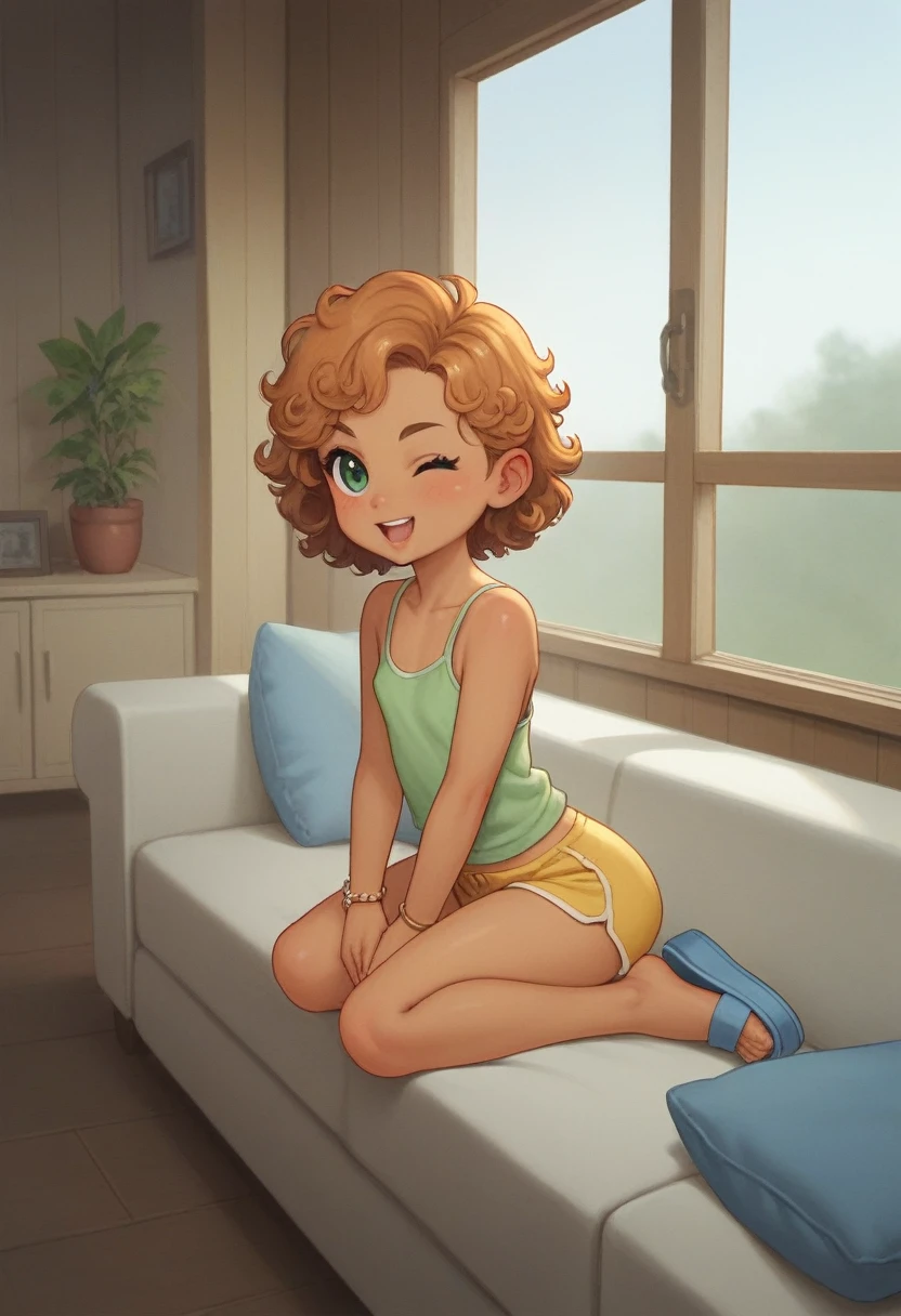 rustic, childish, chibi, girly, tanned, young girl, curly orange hair, green eyes, sexy wink, flat chest, small ass, bracelet, short pink tank top, yellow shorts, blue slippers, fellatio gesture, sexy pose, sitting on couch, in the cabin living room, cartoon ecchi, Milo Manara style, cinematic, dramatic, masterpiece, dynamic view, full body,