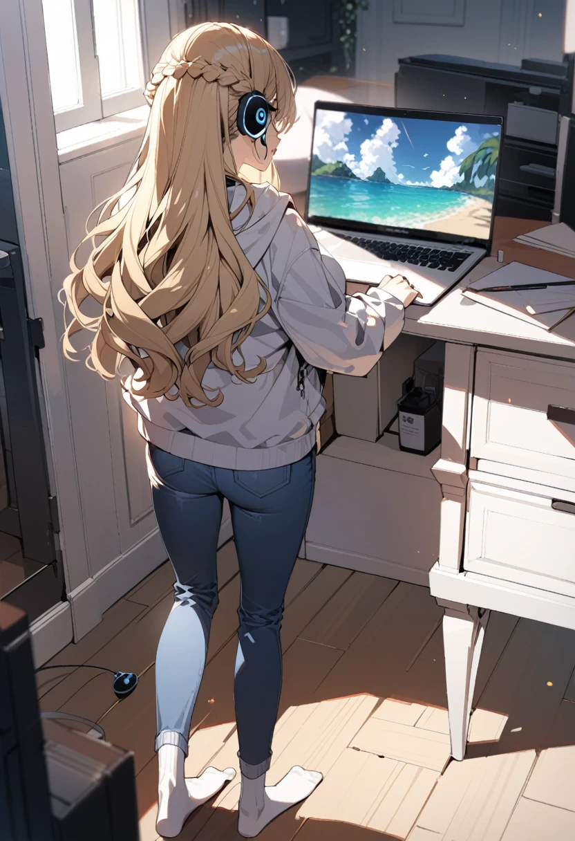 masterpiece, best quality, extremely detailed, ultra detailed, flat anime, 2D,
1girl, (young adult:1.2),blonde hair, (semi-long hair:1.2), curly hair, french braid, medium breasts, tsurime, height 1.7meters,
white hooded sweatshirt, jeans, earring,bracelet, long sleeves, ((Bluetooth small earphone)),socks,
from behind, full body, ((looking back)), open mouth, looking at another,
summer, livingroom, 12AM., standing