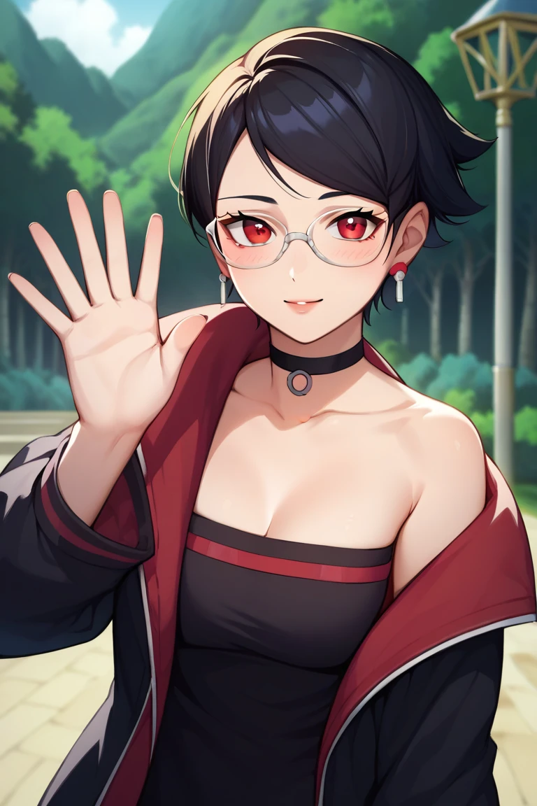 score_9, score_8_up, score_7_up, score_6_up, score_5_up, score_4_up, rating_questionable, , source_anime, digital illustration, pixiv, fanbox, uncensored, , BREAK, official art,
1girl, solo, mature female, sarada, black hair, red eyes, short hair, swept bangs, choker, glasses, earrings,
black jacket, black dress, off shoulder, upper body, blush, waving,, outdoors, cowboy shot, looking at viewer, colorful, vivid