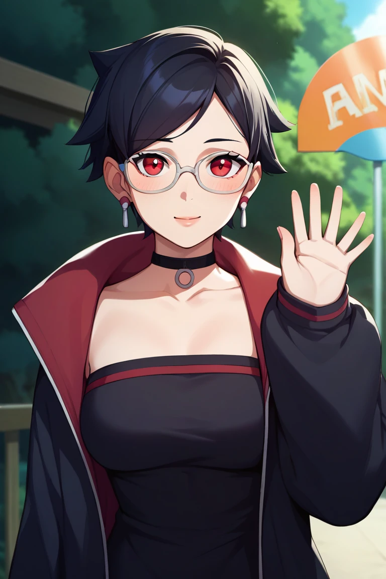 score_9, score_8_up, score_7_up, score_6_up, score_5_up, score_4_up, rating_questionable, , source_anime, digital illustration, pixiv, fanbox, uncensored, , BREAK, official art,
1girl, solo, mature female, sarada, black hair, red eyes, short hair, swept bangs, choker, glasses, earrings,
black jacket, black dress, off shoulder,  upper body, blush, waving,, outdoors, cowboy shot, looking at viewer, colorful, vivid    