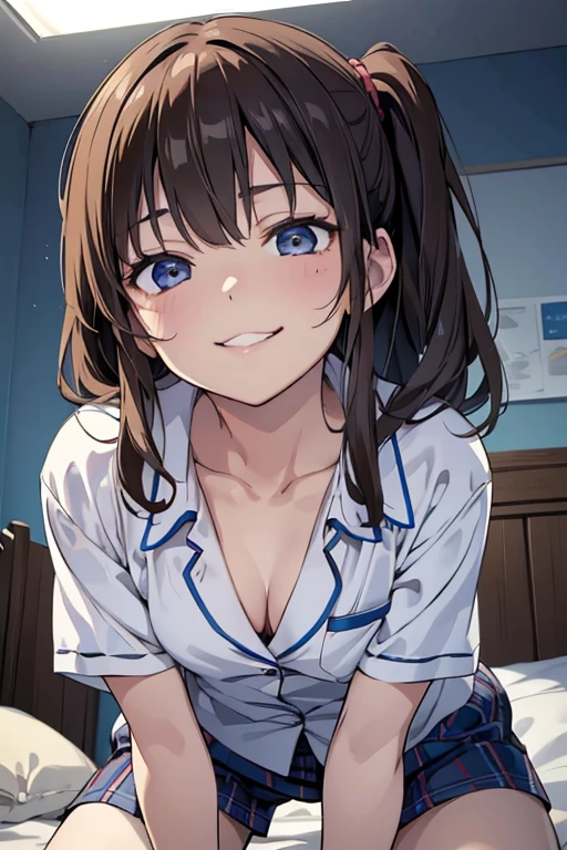 (masterpiece,Illustration Awards:1.3),Professional work,anime,Detailed face,Detailed Description,Blue tones,(Darker Room:1.3),From below,1girl,pov,perspective,Depth of Field,(Closest Face:1.3), BREAK Brown hair,Two Side Up,(Teasing smile:1.3),Office Shirt,pajamas,Cleavage,Flat breasts,Thighs,(Half-open eyes,Squint eyes:1.3),(Petite,loli),onbed,On all fours,Looking down, BREAK Saddled on a man's stomach,The face of the girl straddling my belly and staring at me is closest,Depth-aligned placement,