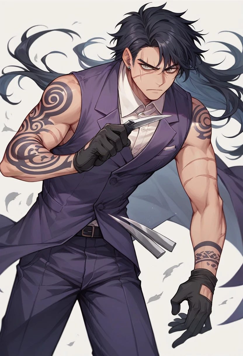 man, Thai and Japanese nature, one meter and six inches tall, semi-long black hair, eyes, black pupils, full of scars from knives and gunshots, and some tattoos, very formal black and purple clothing, and his hands, extremely realistic tactical gloves