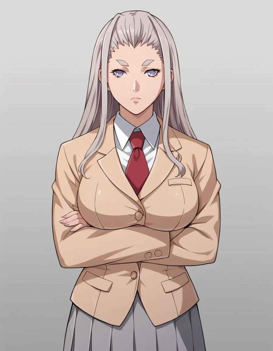 score_9, score_8_superior, score_7_superior, sauce_anime, evaluation_Safety, Blake Himiko, One girl, Gray Hair, Long Hair, Thick eyebrows, Purple eyes, Large Breasts, , Beige jacket, Red tie, Pleated skirt, Grey Skirt, Are standing, Cowboy Shot, Arms crossed, Expressionless, Mouth closed, 