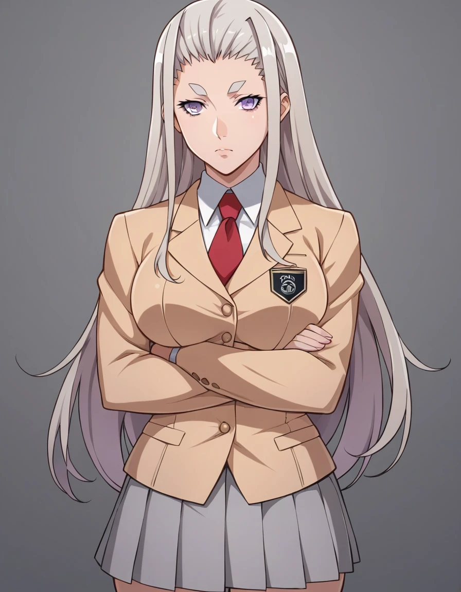 score_9, score_8_superior, score_7_superior, sauce_anime, evaluation_Safety, Blake Himiko, One girl, Gray Hair, Long Hair, Thick eyebrows, Purple eyes, Large Breasts, , Beige jacket, Red tie, Pleated skirt, Grey Skirt, Are standing, Cowboy Shot, Arms crossed, Expressionless, Mouth closed, 