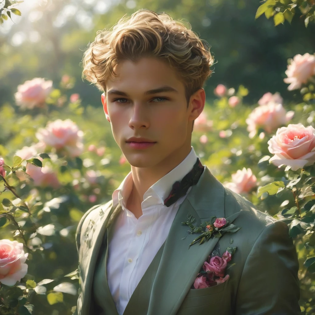 Create an image of a young man inspired by the characteristics of the rose 'The Prince.' 23 year old male supermodel, attractive and exotic, short curly blonde hair, a masculine appearance with slender smooth body, delicate and symmetrical face, natural olive skin tone, He standing with a relaxed yet confident posture, against a blue rose bush. wear a Jockstrap deep rich dark red-purple color, thick bulge focus, with Victorian-inspired robe adorned with intricate embroidery and subtle thorn-like details on his accessories. His attire should echo the complex, multi-petaled structure of the rose, with layers and textures that add depth to his appearance. The composition should center on the young man, with a slight off-center placement to draw the eye towards him while still incorporating of garden background. The lighting should be soft and diffused, with golden-hour sunlight filtering through the leaves, creating a warm, inviting atmosphere. Use a shallow depth of field to keep the focus on the subject while gently blurring the background, enhancing the dreamy, almost ethereal quality of the scene. The environment should be a well-tended garden, with glossy green leaves and blooming roses that match the man's attire, creating a harmonious blend between the subject and his surroundings. The atmosphere should be serene and regal, with a hint of mystery and romance. Photography techniques should include a low-angle shot to emphasize the young man's stature and elegance, and a slight tilt to add a dynamic element to the composition. Use a full-frame DSLR or mirrorless camera, such as a Canon EOS R7 paired with a prime lens like an 85mm f/1.4 to achieve a beautiful bokeh effect and sharp subject focus. by Tim Walker known for his fantastical and richly detailed fashion photography, which often features elements of nature and a dreamlike Hight quality.