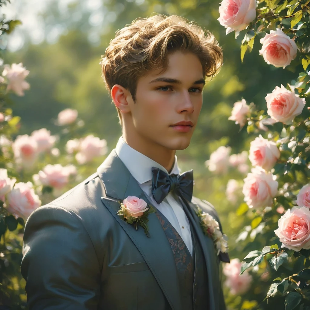 Create an image of a young man inspired by the characteristics of the rose 'The Prince.' 23 year old male supermodel, attractive and exotic, short curly blonde hair, a masculine appearance with slender smooth body, delicate and symmetrical face, natural olive skin tone, He standing with a relaxed yet confident posture, against a blue rose bush. wear a Jockstrap deep rich dark red-purple color, thick bulge focus, with Victorian-inspired robe adorned with intricate embroidery and subtle thorn-like details on his accessories. His attire should echo the complex, multi-petaled structure of the rose, with layers and textures that add depth to his appearance. The composition should center on the young man, with a slight off-center placement to draw the eye towards him while still incorporating of garden background. The lighting should be soft and diffused, with golden-hour sunlight filtering through the leaves, creating a warm, inviting atmosphere. Use a shallow depth of field to keep the focus on the subject while gently blurring the background, enhancing the dreamy, almost ethereal quality of the scene. The environment should be a well-tended garden, with glossy green leaves and blooming roses that match the man's attire, creating a harmonious blend between the subject and his surroundings. The atmosphere should be serene and regal, with a hint of mystery and romance. Photography techniques should include a low-angle shot to emphasize the young man's stature and elegance, and a slight tilt to add a dynamic element to the composition. Use a full-frame DSLR or mirrorless camera, such as a Canon EOS R7 paired with a prime lens like an 85mm f/1.4 to achieve a beautiful bokeh effect and sharp subject focus. by Tim Walker known for his fantastical and richly detailed fashion photography, which often features elements of nature and a dreamlike Hight quality.