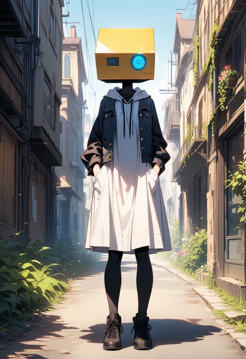 monitor head, dress, hands in pockets, hands on own face, blue eyes, one-eyed, female, outdoors
