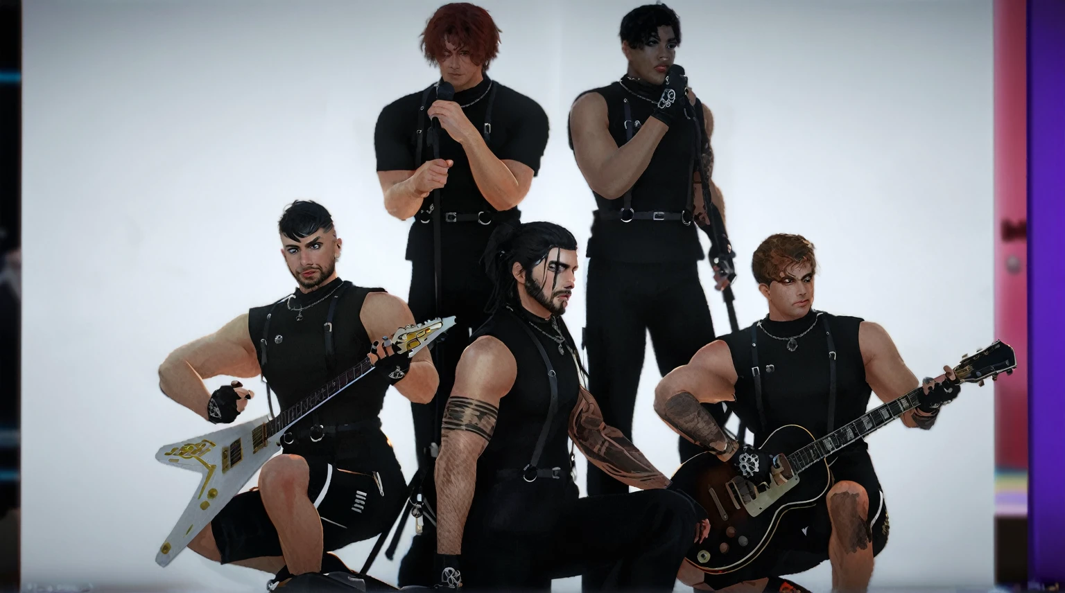there are four men in black leather clothing posing for a photo, badass composition, diselpunk, dressed in black armor, heavy vignette!, vestindo roupas pretas, rock band, mechanical punk clothing, dressed in crustpunk clothing, badass pose, dressed in punk clothing, sobrecarga, punk rock com moicanos, album, cyberpunk black metal band, official fanart