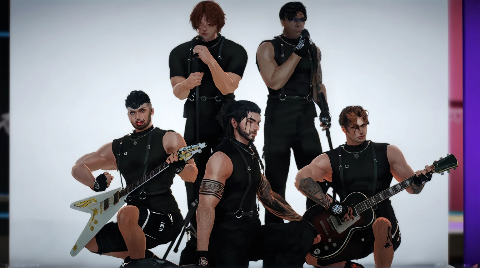 there are four men in black leather clothing posing for a photo, badass composition, diselpunk, dressed in black armor, heavy vignette!, vestindo roupas pretas, rock band, mechanical punk clothing, dressed in crustpunk clothing, badass pose, dressed in punk clothing, sobrecarga, punk rock com moicanos, album, cyberpunk black metal band, official fanart