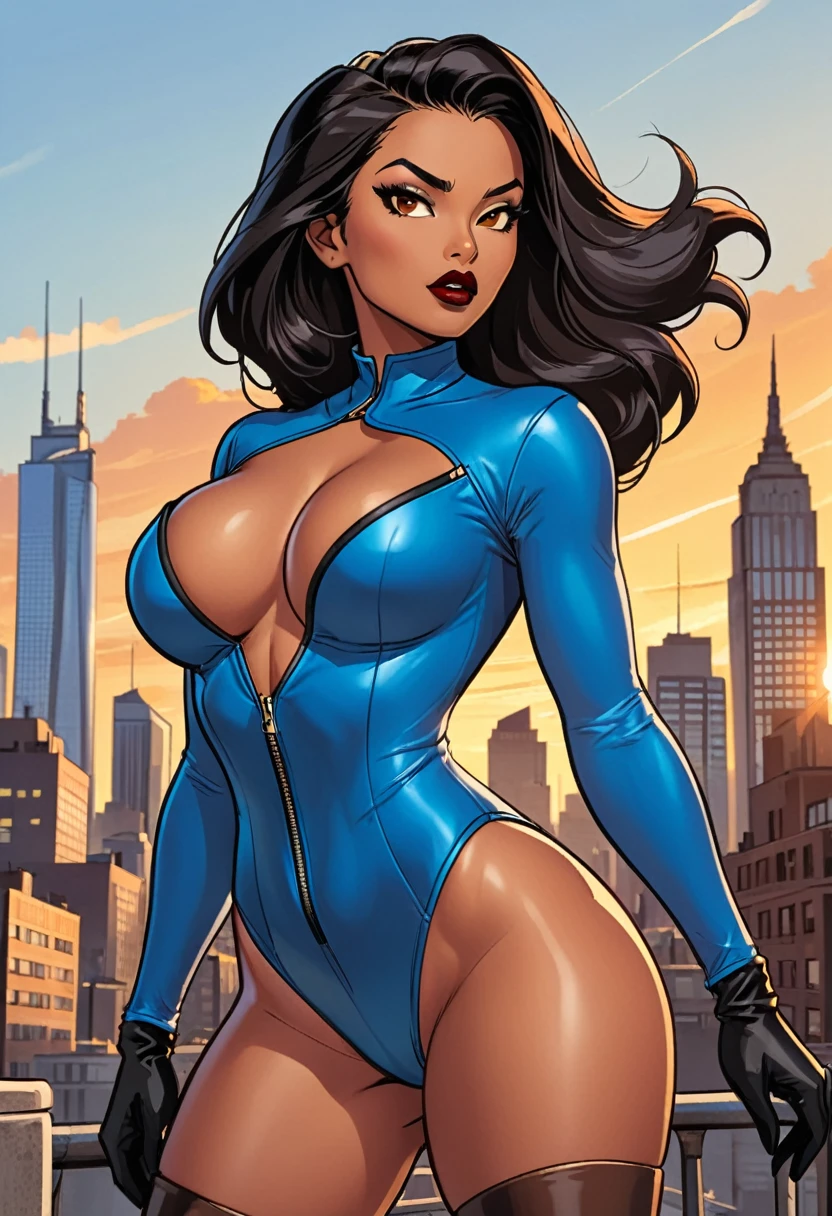 In the style of a Saturday morning cartoon, flat colors style, bold sharp lines, cell shading. a action scene with A (((tan skinned woman))) long flowing black hair, curvy body, athletic body, thic thighs, thick thighs, hourglass figure, wide hips, large breasts, (((tanned skin))), ((Highest quality)), (detailed eyes, brown eyes), (brown eyes:1.3), (her eyes are brown), very pretty, hour glass figure, strong jaw, (narrow waist), wearing (((bright Blue)) leotard), Bare thighs, long sleeves, zipper in the front, black thigh high boots, black gloves, dark red lipstick, city scape background. Show her standing confidently with her hands on her hips. sunset background, wind blowing hair, cityscape, standing akimbo, feet apart, heroic pose
