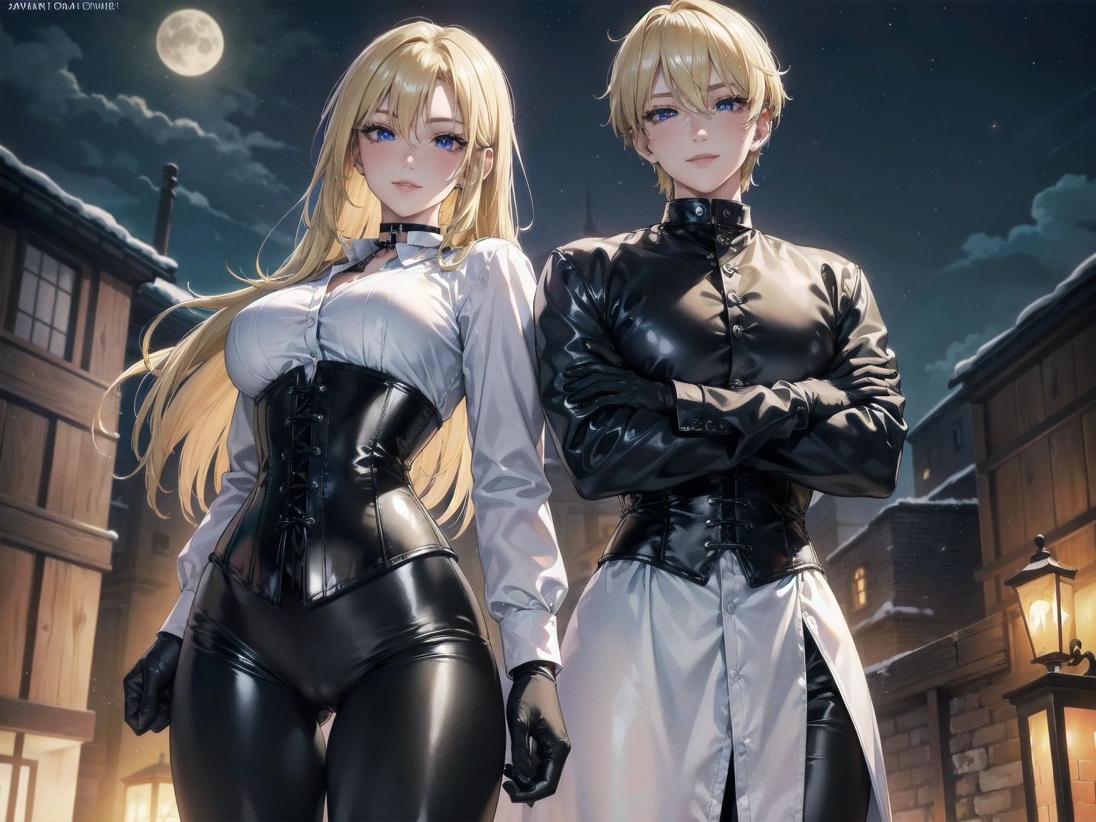Masterpiece, Superior image quality, high resolution, 4k image,photo and gross, photorealistic, whole body, 1 young blonde of 15 years, standing, has his arms crossed, {{{vagina}}}, beautiful face, long blonde hair, Blue eyes, very detailed eyes, pink cheeks, happy expression, draw smile, choker:1.6, (white collar button down long sleeve shirt), black gloves, gloves that cover hands, (black leather corset), (shiny black leggings), Sensual Lips, show details in the eyes, View from the front, looking at the viewer, medieval village with villagers in the background, at night