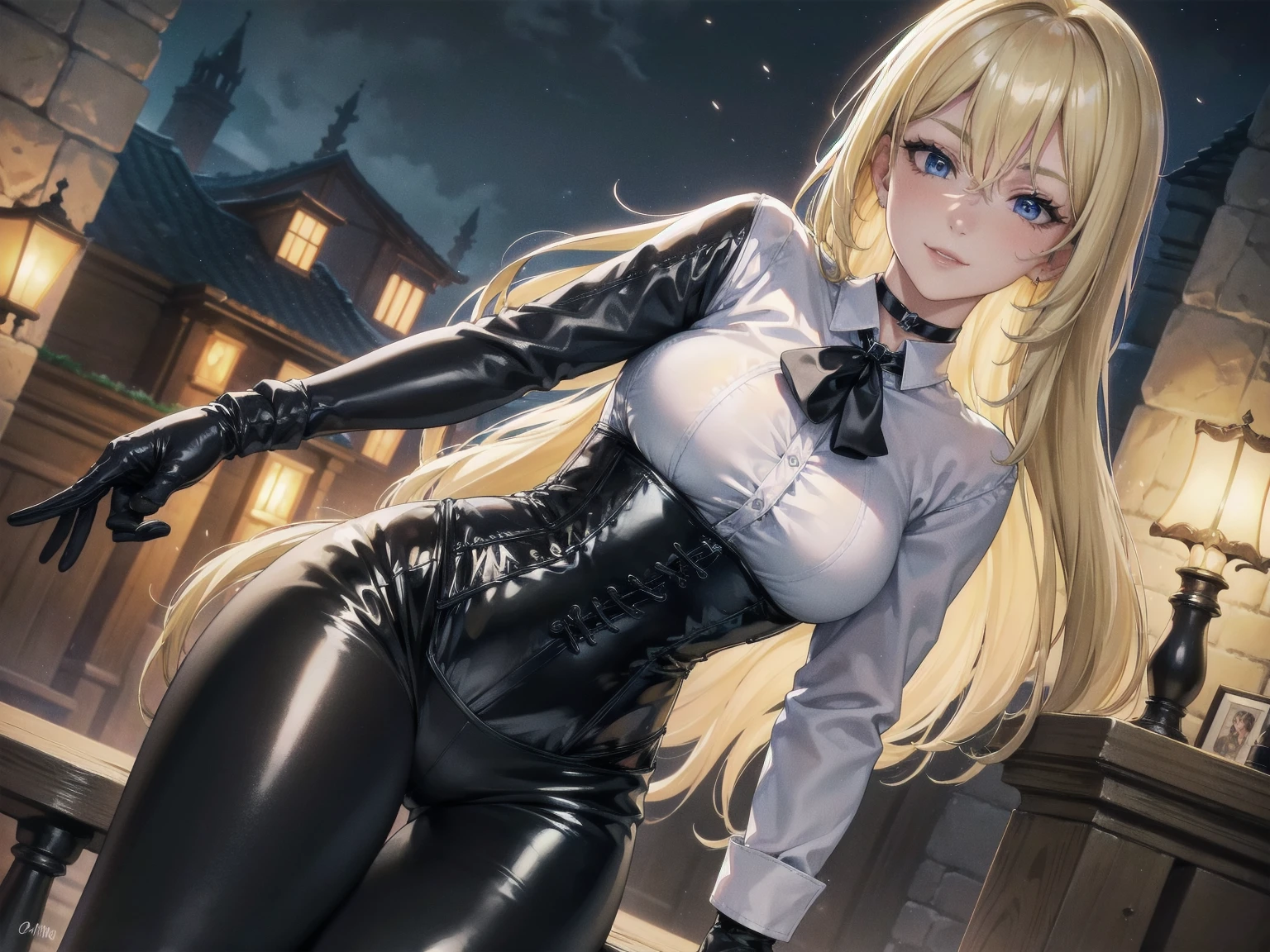 Masterpiece, Superior image quality, high resolution, 4k image,photo and gross, photorealistic, whole body, 1 young blonde of 15 years, standing, has his arms crossed, {{{vagina}}}, beautiful face, long blonde hair, Blue eyes, very detailed eyes, pink cheeks, happy expression, draw smile, choker:1.6, (white collar button down long sleeve shirt), black gloves, gloves that cover hands, (black leather corset), (shiny black leggings), Sensual Lips, show details in the eyes, View from the front, looking at the viewer, medieval village with villagers in the background, at night