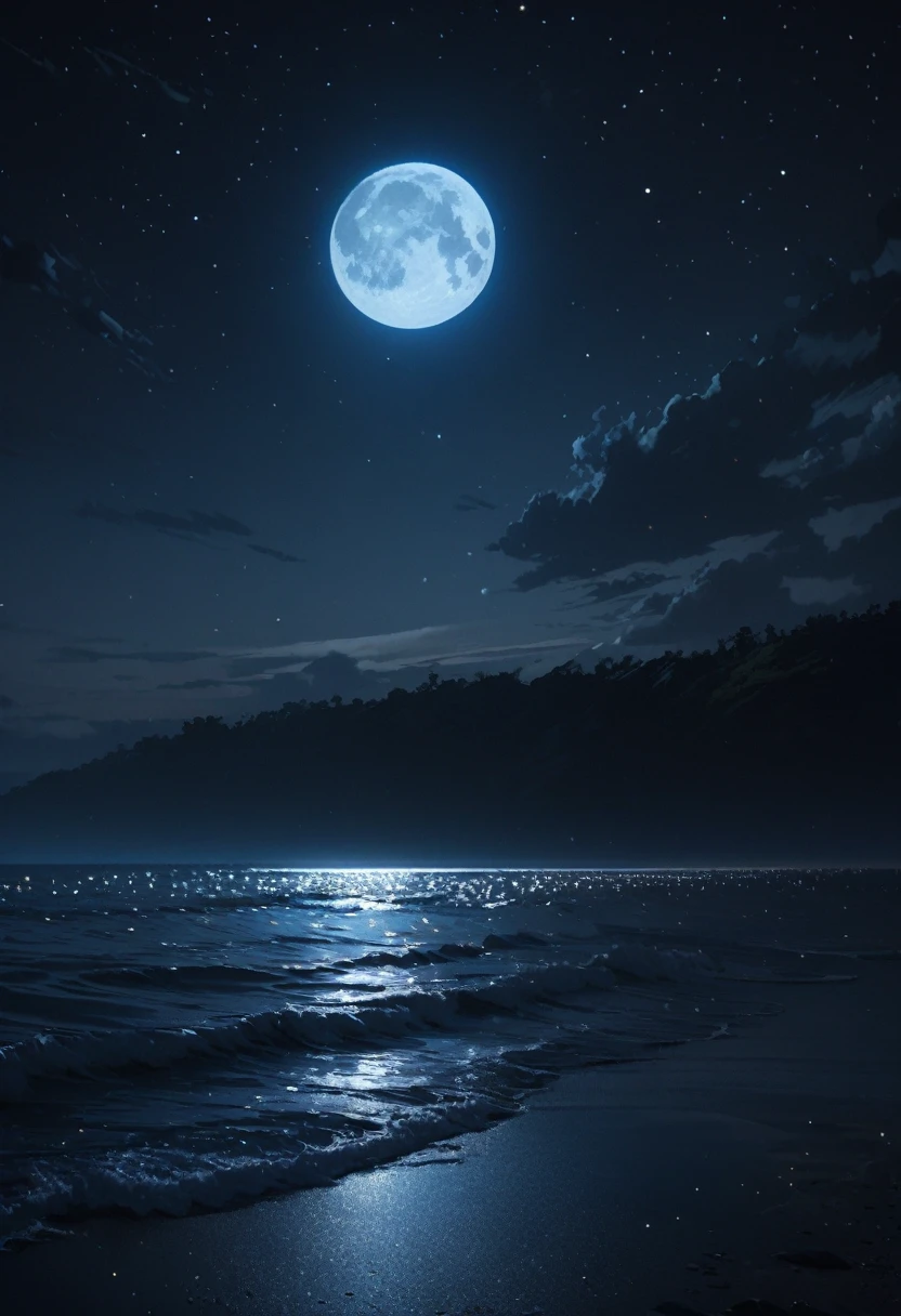 (((masterpiece))), Starry sky photography, Dark night, No light, Serene atmosphere, Calm sea, detailed, highly detailed,Small Full Moon (8k)