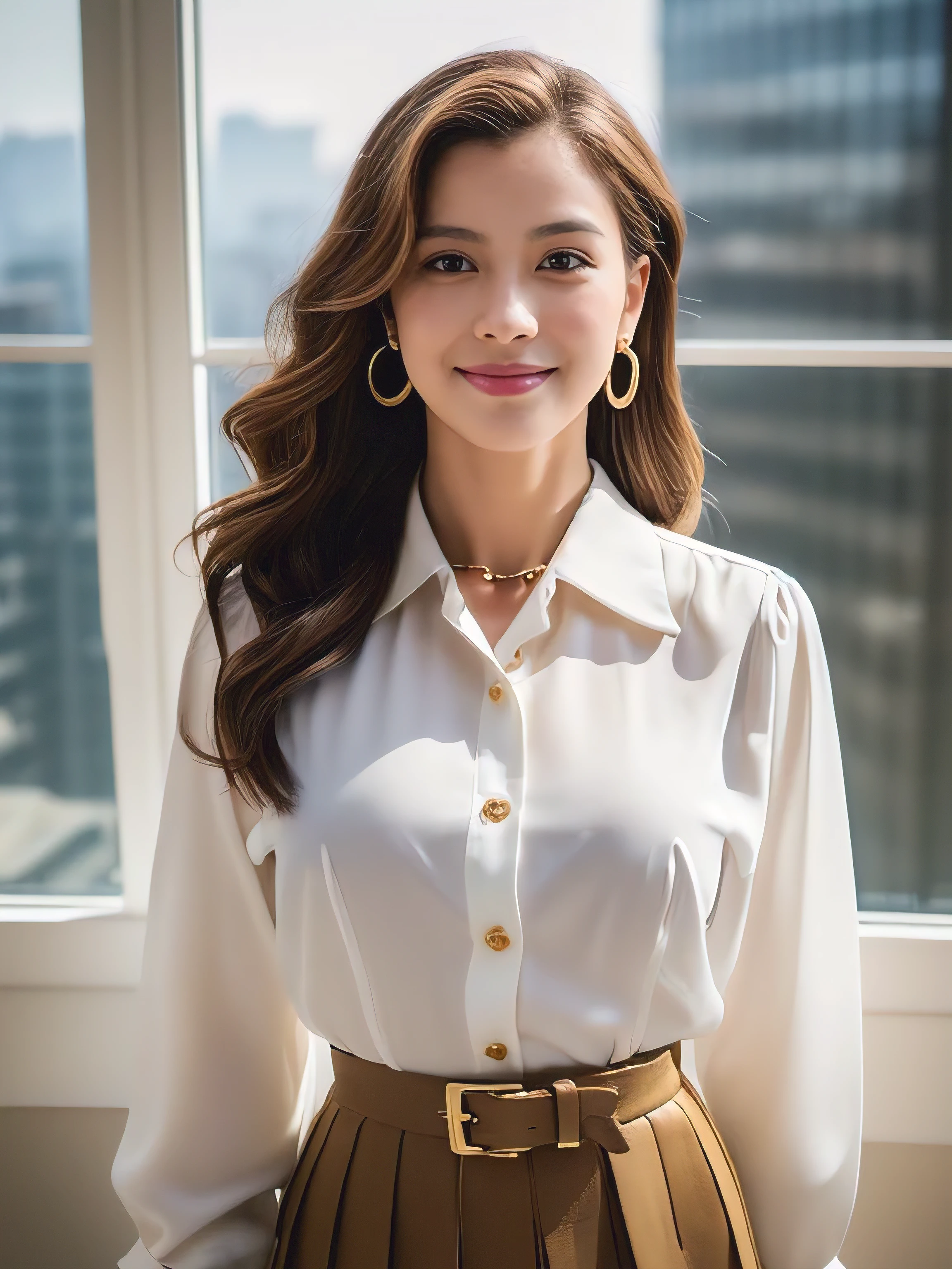 ((Highest quality, 8k, masterpiece: 1.3)), 1 girl, smile, whole body, Slim face, Beautiful woman, Medium dark brown hair, The upper body is a crisp white shirt, The top half is black straight suit pants, High heels, Highly detailed face, fine grain, double eyelid, Blurred Background, Slim face, Skyscraper, Westshot,((Loosely inward wavy hair:1.2)),((Gold Necklace_Big earrings:1.2)),((Extra Long Brown Hair:1.2))((White long sleeve button up blouse_With collar_Delete up to the second button_Brown pleated mini skirt:1.3)),((Looking down at the viewer,From below:1.5)),((Full figured supermodel standing, フレーム内のwhole body))((The skyscrapers outside the window look hazy:1.4)),