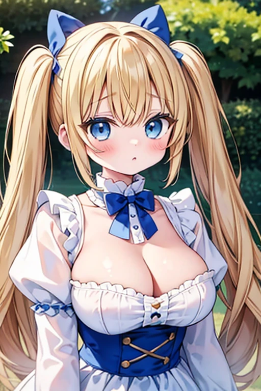 Blonde with blue eyes、Lolita、Large Breasts、Twin tails、Girl Brat,Large Breasts,Cute eyes,Puffy eyes,１Animal Pomeranian,