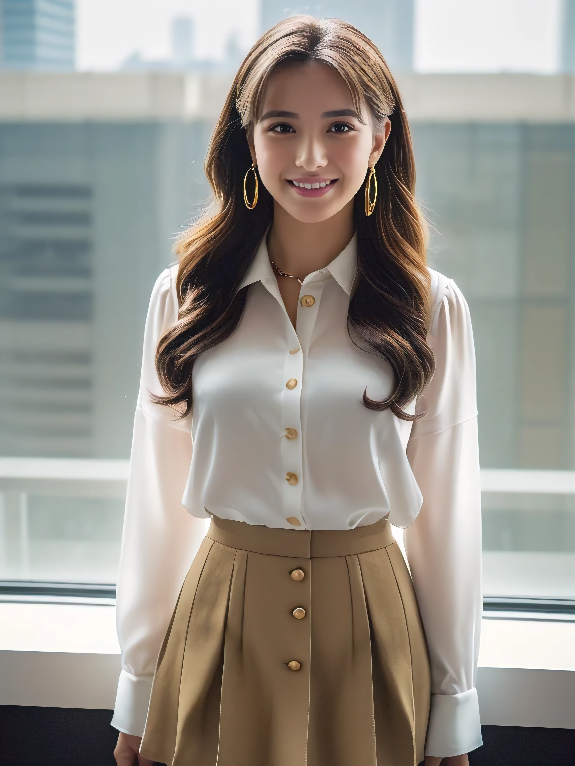 ((Highest quality, 8k, masterpiece: 1.3)), 1 girl, smile, whole body, Slim face, Beautiful woman, Medium dark brown hair, The upper body is a crisp white shirt, The top half is black straight suit pants, High heels, Highly detailed face, fine grain, double eyelid, Blurred Background, Slim face, Skyscraper, Westshot,((Loosely inward wavy hair:1.2)),((Gold Necklace＿Big earrings:1.2)),((Extra Long Brown Hair:1.2))((White long sleeve button up blouse_With collar_Delete up to the second button＿Brown pleated mini skirt:1.3)),((Looking down at the viewer,From below:1.5)),((Full figured supermodel standing, フレーム内のwhole body))((The skyscrapers outside the window look hazy:1.4)),