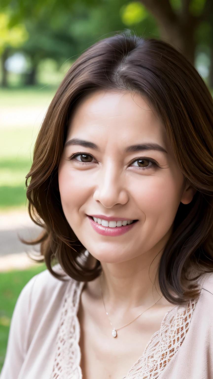 最high quality, In 8K, Overall image, Genuine, Sharp focus, high quality, High resolution, Detailed face, fine grain, Thick lips, Background Blur, alone, Middle-aged women, , 65 years old, , Wavy Hair, Cleavage, Wearing a plain short-sleeved knit, Standing in the park, Wrinkles around the eyes, Smiling with teeth showing