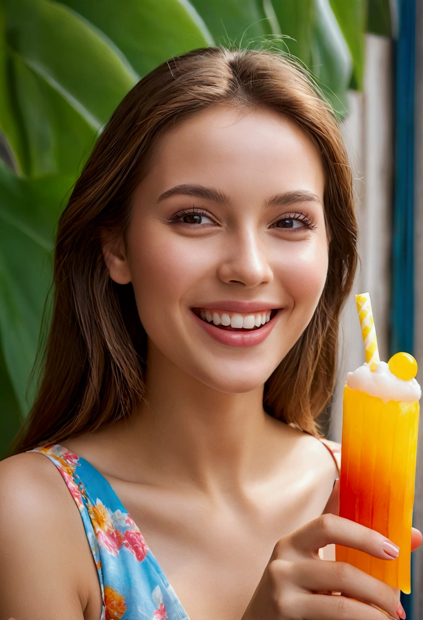 In this new series of images, we capture the 26-year-old model enjoying a delicious moment while savoring an ice pop. Her brown hair, straight and shiny, frames her face with freshness and vitality. A charming smile lights up her expression, radiating joy and pleasure. Dressed in a colorful, summery outfit, her voluptuous body stands out even as she enjoys her palette. The camera captures the close-up image of her, highlighting the happiness on her face and the delicious indulgence of the moment. Every detail, from the sparkle in her eyes to the sparkle on her palette, is clearly seen thanks to the high resolution of the image. This photograph conveys a feeling of joy and satisfaction, capturing the natural beauty and grace of the model in a moment of simple and pure pleasure. Her charismatic presence and exceptional style shine in this image, conveying a sense of happiness and well-being that is characteristic of her authentic and vibrant personality