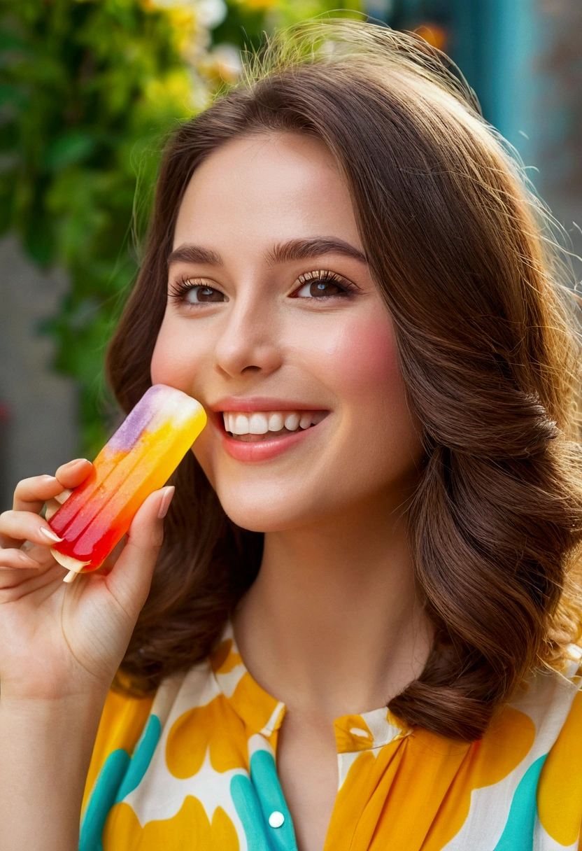 In this new series of images, we capture the 26-year-old model enjoying a delicious moment while savoring an ice pop. Her brown hair, straight and shiny, frames her face with freshness and vitality. A charming smile lights up her expression, radiating joy and pleasure. Dressed in a colorful, summery outfit, her voluptuous body stands out even as she enjoys her palette. The camera captures the close-up image of her, highlighting the happiness on her face and the delicious indulgence of the moment. Every detail, from the sparkle in her eyes to the sparkle on her palette, is clearly seen thanks to the high resolution of the image. This photograph conveys a feeling of joy and satisfaction, capturing the natural beauty and grace of the model in a moment of simple and pure pleasure. Her charismatic presence and exceptional style shine in this image, conveying a sense of happiness and well-being that is characteristic of her authentic and vibrant personality