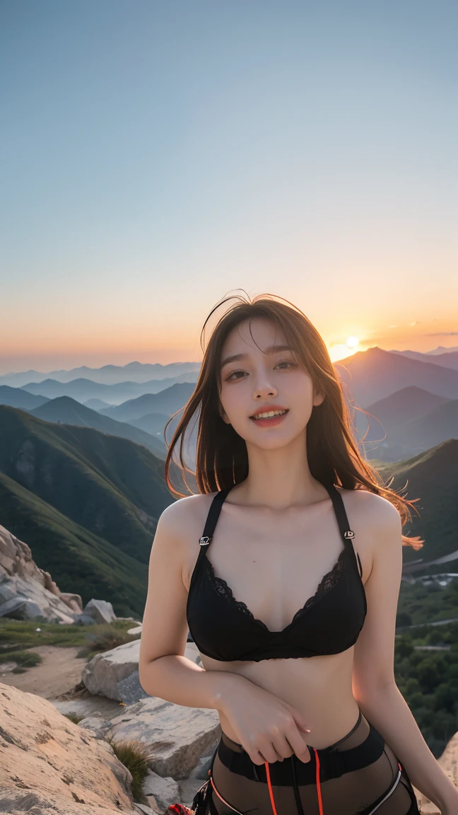 no, Ray tracing, Radio City, Anisotropic filtration, 16,000, best quality, 1 woman, alone, matures, beautiful mountain climber, Hiking clothing, Gradient long hair, climbing equipment、laugh、sunset、big breasts 、valley mountain peak