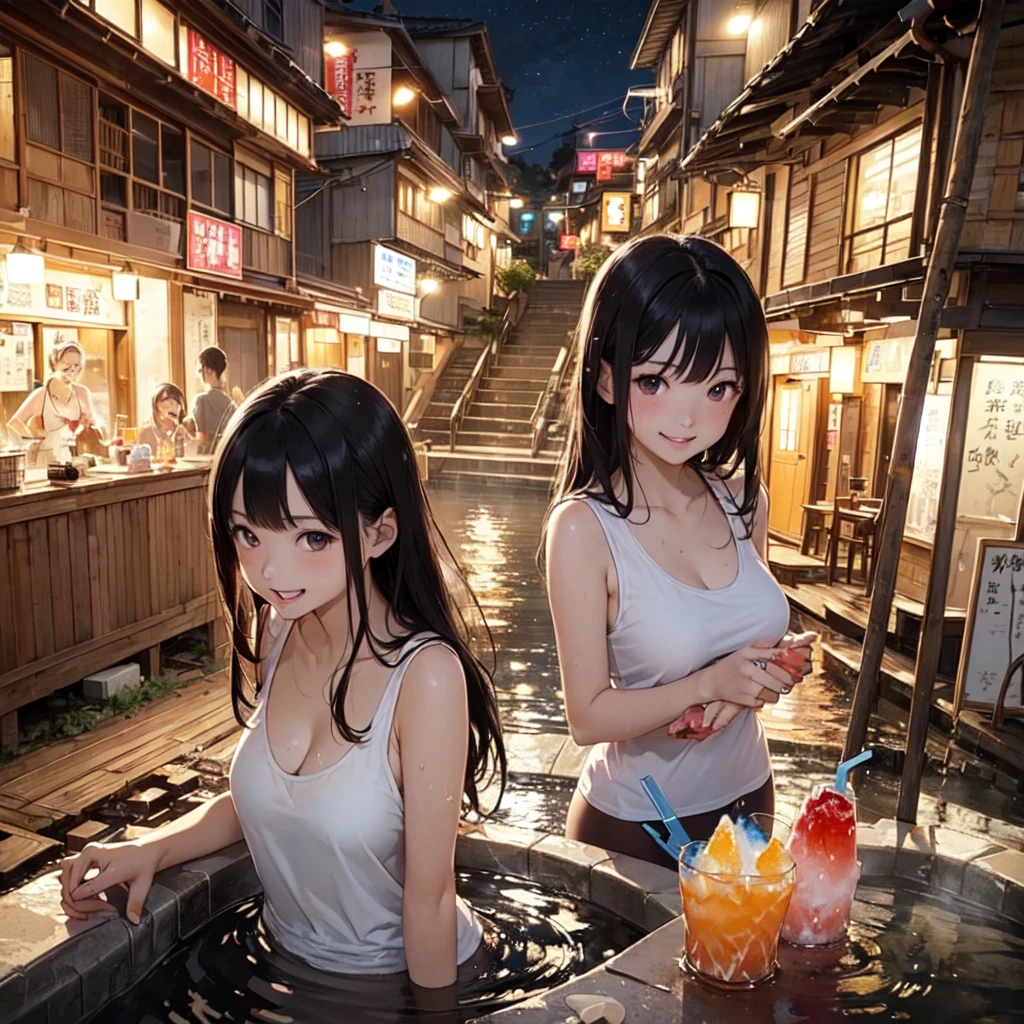 (masterpiece、Highest quality)、(Photorealistic photography)、Single image、1 picture、(日本のUnsanitary and dim地下街、Nostalgic and fantastic night view、地下へのstage)、(Beautiful night view)、(Showa style、Japan favelas、Old and dirty hot spring town)、((Big bath、Underground hot spring facilities、stage))、(middle School girls３People and above、水着を着た女の子3People and above、Tank top、、smile、fun)、((Unsanitary and dim))、Shady Red Light District、shaved ice、Sale of drinks、(stage、Everyone is having fun bathing)、smile、Happy schoolchildren、Perfect Anatomy
