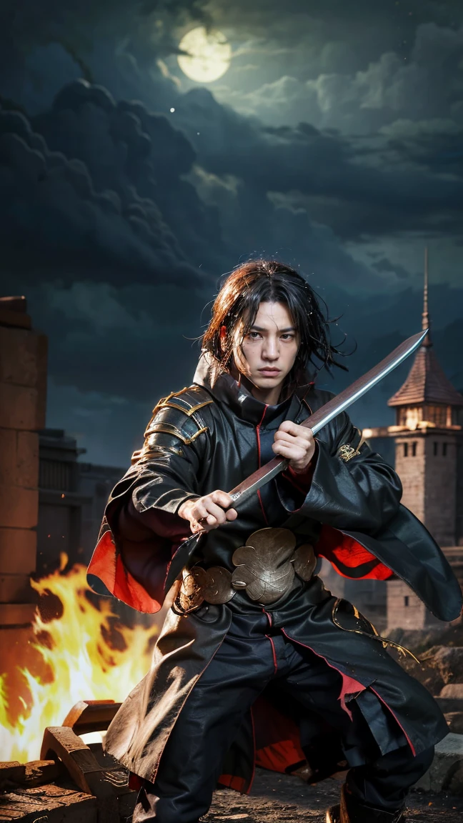 (1 male,Tanjiro Kamado),Demon slayer,Tanjiro Costume,tanjiro has a sword,Water and fire effects,Intricate details,,Decadent,artwork,rendering,Dynamic pose,(masterpiece:1.3),(highest quality:1.4),(Super detailed:1.5),High resolution,Very detailed,unity 8k wallpaper,Dark fantasy,,Glare,Fighting Style,Glare,Desperate form,BREAK,The sword is a Japanese sword,Japanese swords are straight and have a metallic luster..,Please hold the handle of the Japanese sword