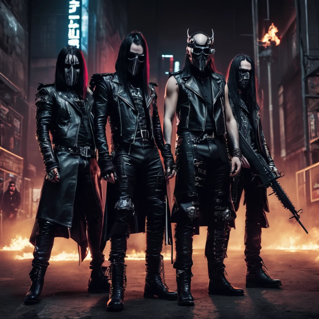 there are four men in black leather clothing posing for a photo, badass composition, diselpunk, dressed in black armor, heavy vignette!, vestindo roupas pretas, rock band, mechanical punk clothing, dressed in crustpunk clothing, badass pose, dressed in punk clothing, sobrecarga, punk rock com moicanos, album, cyberpunk black metal band, official fanart