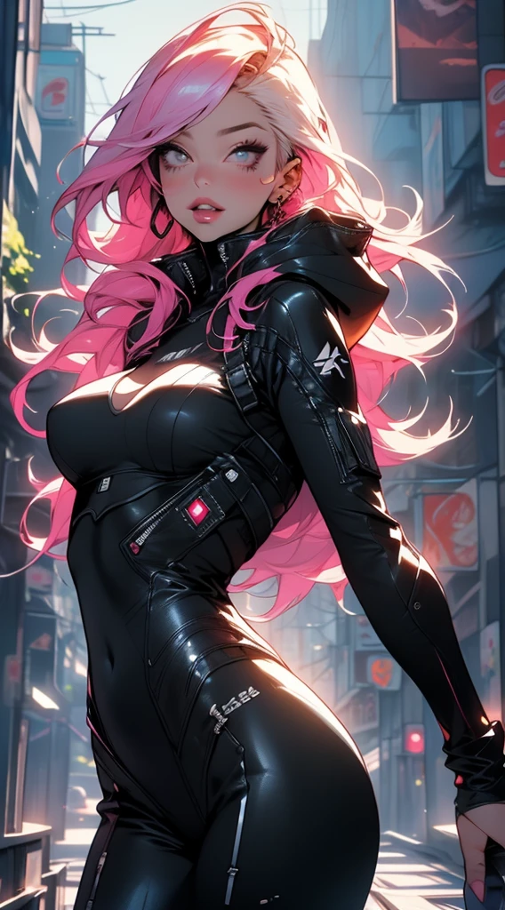 PERFECT MASTERPIECE, EXTREMELY DETAILED CG UNITY 32K UHD QUALITY RESOLUTION WALLPAPER, PHOTOREALISTIC, RAW PHOTO, PERFECT PHOTOGENIC CLARITY, OFFICIAL ART, AWARD-WINNING PORTRAIT, ULTRA HYPER-REALISTIC, ULTRA HYPER-DETAILED, SHINY REALISTIC SKIN, RAY TRACING, UNREAL ENGINE 5.8K, GLOWING AMBIENT LIGHT, The most beautiful and y cyberpunk girl, very long pink hair, vibrant moonlight eyes, long detailed eyelashes, blushing, full pouting pink lips, curvy body type, full hips, super huge enormously gigantic , cleowing, gigantic bursting out, wearing a futuristic hooded Harajuku-inspired cyberpunk mecha battle armor, (arching her back in a sexy seduct slutty pose:1.3), looking at the viewer, cowboy shot depth of field, sexy seductiveutty facial expression, cherry blossoms blowing in the wind, futuristic cosmic aesthetic atmospheric cyberpunk background
