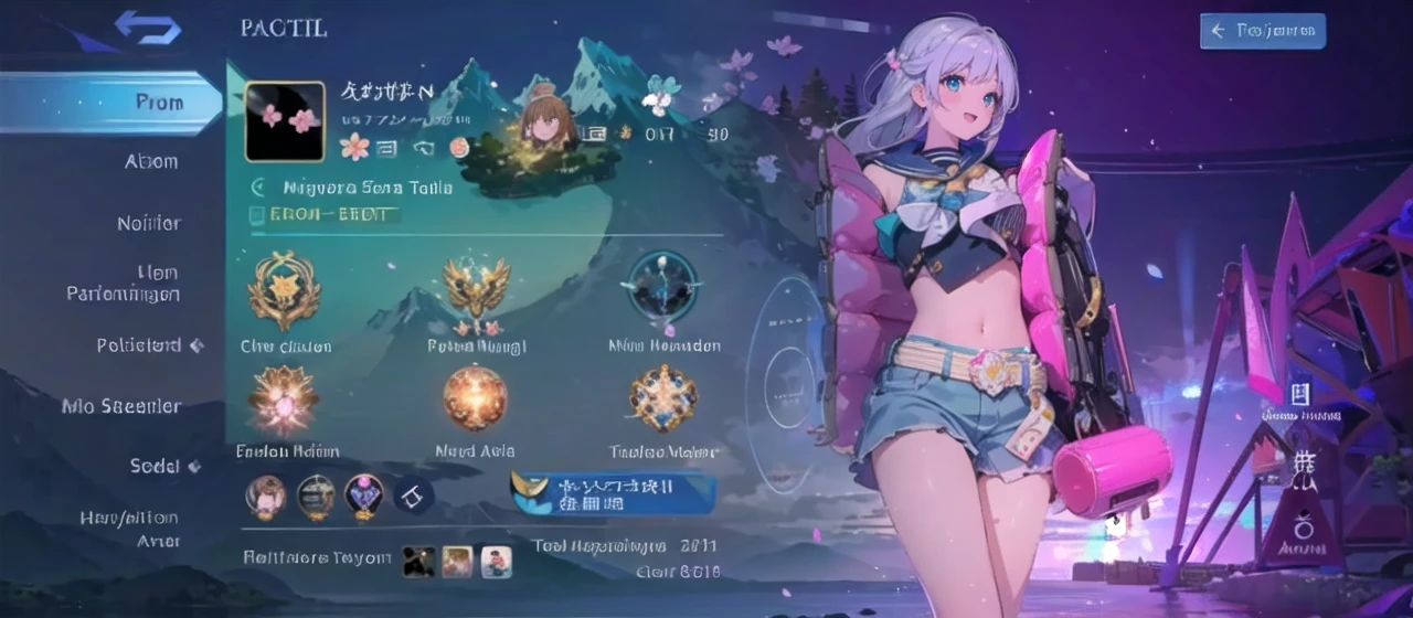 (masterpiece), scenery, mountainous horizon, cherry blossoms, petals, light particles, upper body, 1girl, sailor, wavy hair, floating hair, smile, sitting, open mouth, light particles, silver hair, aqua eyes, looking at viewer, face focus