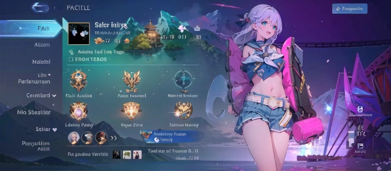 (masterpiece), scenery, mountainous horizon, cherry blossoms, petals, light particles, upper body, 1girl, sailor, wavy hair, floating hair, smile, sitting, open mouth, light particles, silver hair, aqua eyes, looking at viewer, face focus
